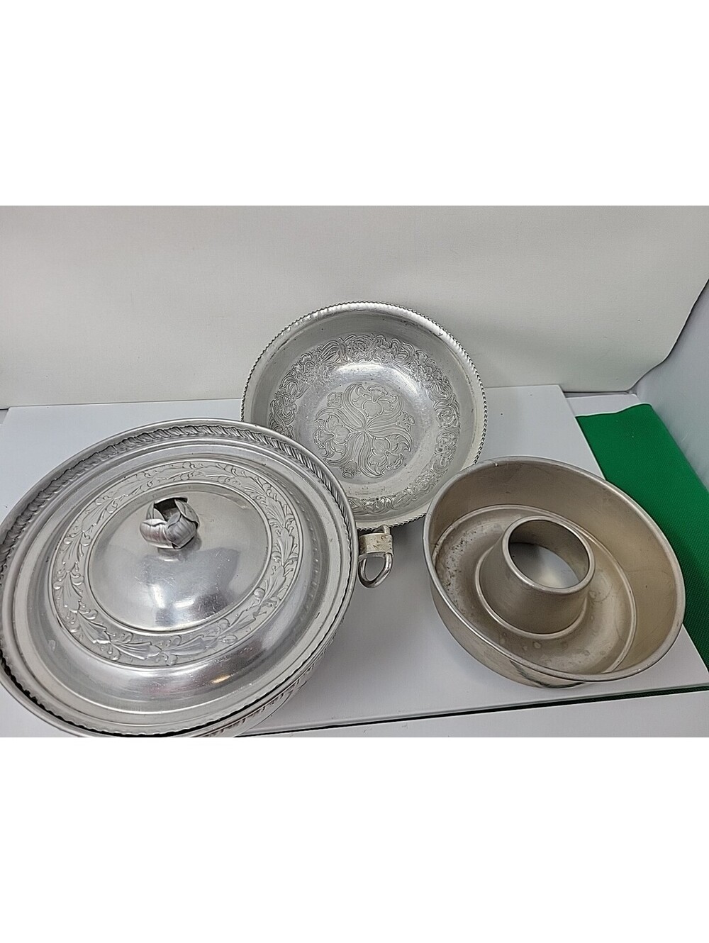 Vintage Aluminum Cookware Lot, Embossed Serving Bowl, Lidded Pot & Angel Food